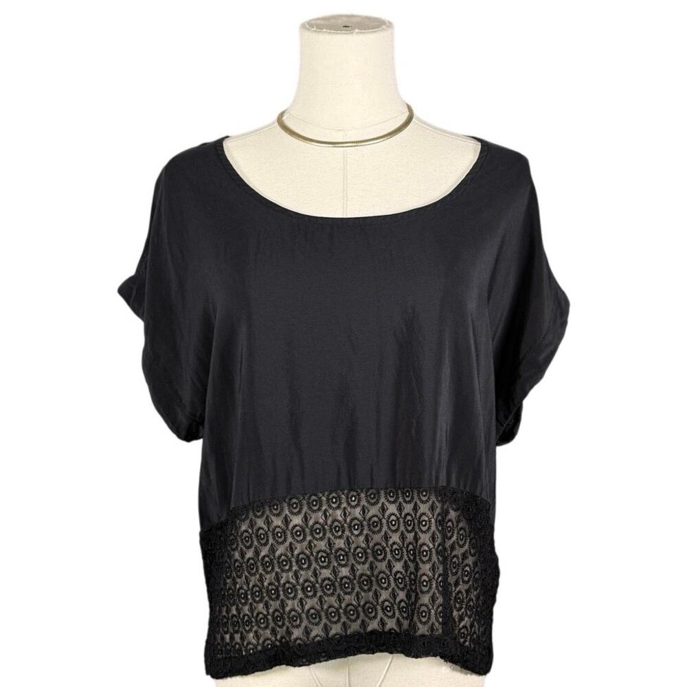 Gypsy Junkies 100% Silk Black Top Lace Hem Boho Indie Festival Blouse Small